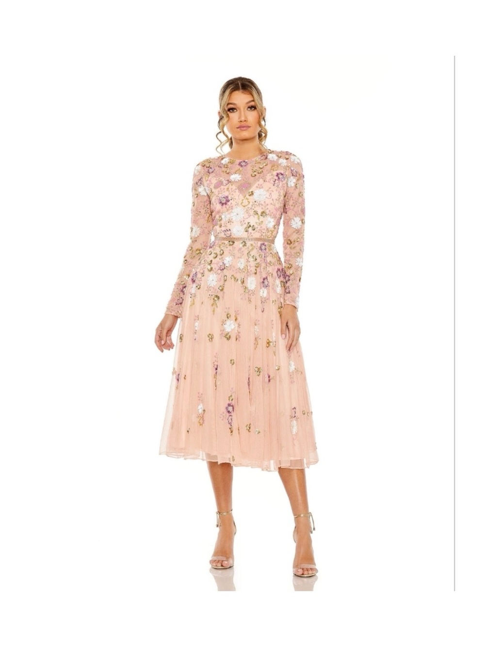 Sz 16 Mac Duggal 5716 Blush Sequin Floral Long Sleeve High Neck Midi Dress